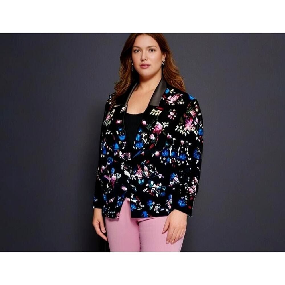 Lane Bryant Velvet floral Bryant Blazer black faux leather collar sz 22 petite